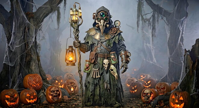 Halloween horror character holding a lantern and standing in forest with pumpkins lying on ground and dark mist or smoke in the background.