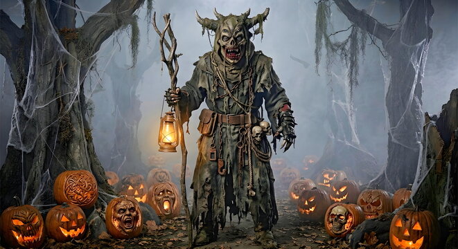 Halloween horror character holding a lantern and standing in forest with pumpkins lying on ground and dark mist or smoke in the background.