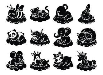 Naklejka premium Set of sleeping baby wild and fantasy animals resting on clouds with sleeping collection illustration