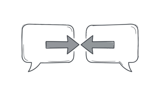 Two opposing speech bubbles connected by a bidirectional arrow representing communication, debate, or dialogue in a flat design.
