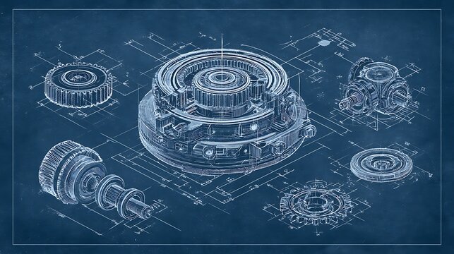 Detailed technical blueprint showcasing mechanical gear assemblies and industrial engine parts in classic blue tones. Perfect for engineering presentations and manufacturing.