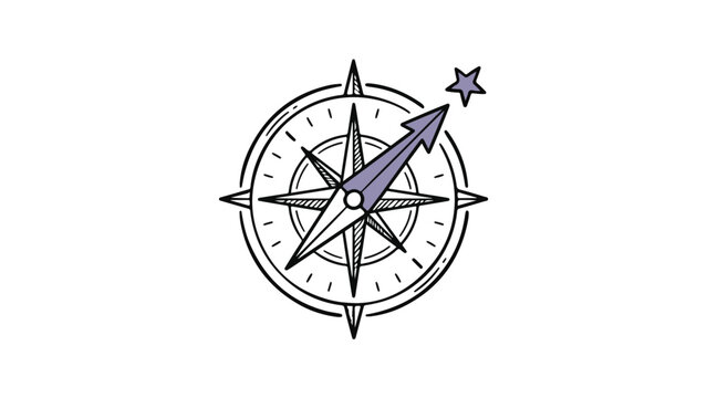 A stylized compass with a bold arrow pointing north, surrounded by a circular border and subtle decorative elements on a plain background.