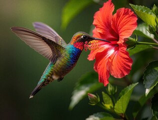 Naklejka premium Tiny hummingbird drinks nectar from bright red hibiscus flower. Small bird hovers with wings blurred, feeding on pollen in garden. Nature wildlife scene with colorful tiny creature.