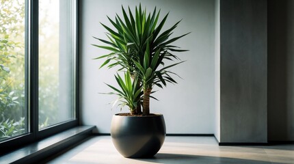 Fototapeta premium Green yucca plant in large black pot sits in modern minimalist room. Large window lets natural sunlight into bright indoor space. Stylish houseplant adds nature decor to contemporary living area with