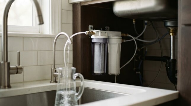 Under sink water filtration system with carbon and sediment cartridges, clear tubing, and glass pitcher beside a stainless kitchen sink
