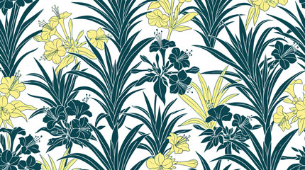 Fototapeta premium Tropical plant pattern with blue leaves and yellow flowers on decorative textile design.
