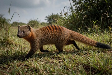 Naklejka premium Stripe-necked mongoose walks through grassy terrain near trees and bushes under a cloudy sky. This mammal has reddish-brown fur with distinct dark stripes on its back and a black tipped tail.