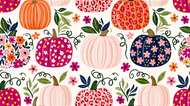 colorful autumn pumpkin floral seamless pattern on cream background