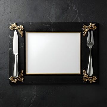 Luxury Restaurant Menu Mockup with Silver Knife, Fork, and Gold Corner Accents on Dark Slate Surface