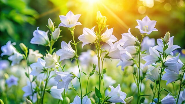 Blooming milky bellflower aka campanula lactiflora in the summer garden