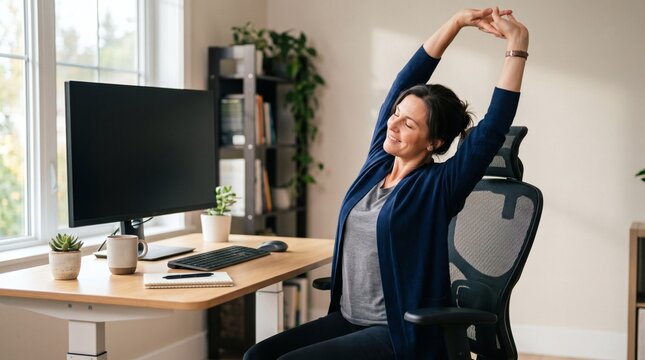 Woman stretching arms up while sitting at a desk in a home office with a computer and plants