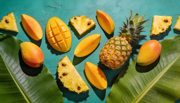 Mango and pineapple fruit composition. Sliced tropical fruits and whole pineapple on turquoise background with green banana leaves.