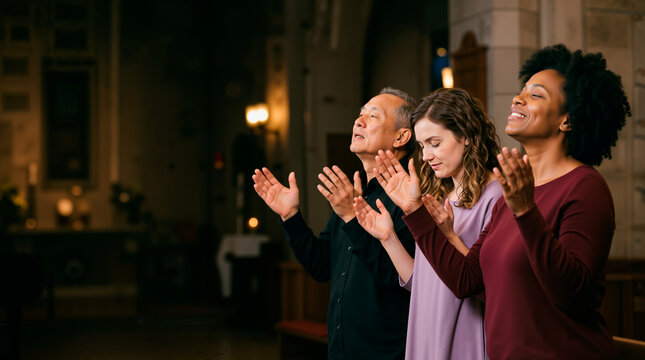 Diverse Christian people standing close together with hands raised during worship. Multiethnic group praying with eyes closed in church. Spirituality and faith concept with copy space
