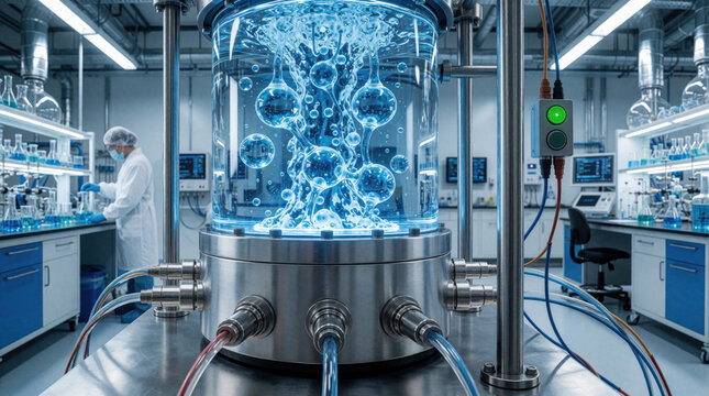 Scientist works in advanced lab with glowing blue liquid in large glass chamber. Futuristic research equipment bubbles with mysterious fluid, sci-tech facility.