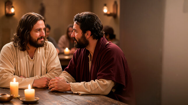 Jesus Christ and a disciple sharing an emotional glance at the Last Supper. Biblical scene of faith and friendship in a candlelit room. Christian religion concept