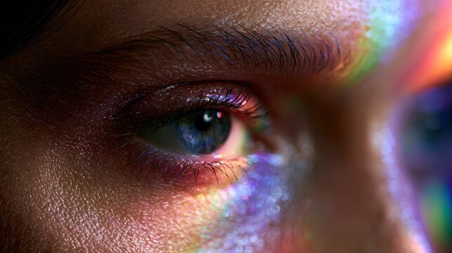 A close-up of a human eye illuminated by colorful rainbow light reflections highlighting skin texture and vibrant iris details in dramatic lighting