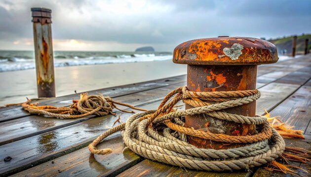 Rusty mooring bollard with weathered rope on wet wooden pier by stormy sea