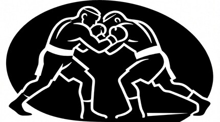 Fototapeta premium Two boxers face off in a black ring, preparing for a fight. Their stances show readiness for combat, athletic prowess, and intense concentration.