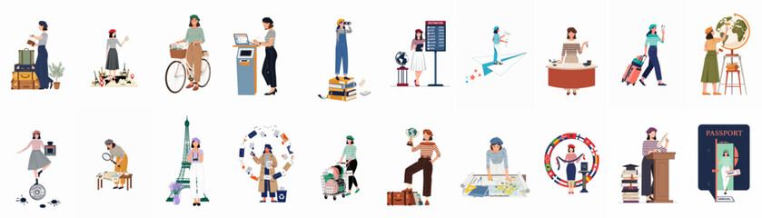 Fototapeta premium Flat design illustration set of diverse people engaged in travel, work, and leisure activities, featuring tourists, travelers, and digital nomads.