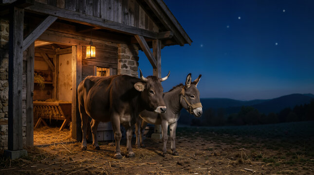 Ox and donkey standing outside a humble wooden stable at night. Traditional Christian nativity scene with glowing lantern and manger. Biblical Christmas background