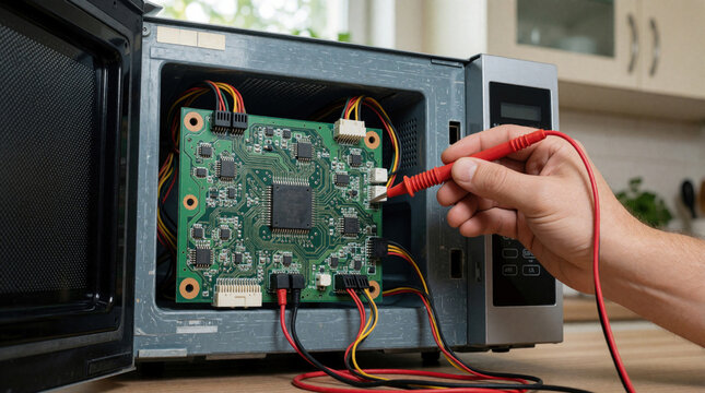 Hand inspects microwave circuit board with multimeter probe. Exposed control panel tangled wires, testing connectivity. Technician repairs household appliance in kitchen, focusing on electrical