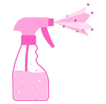 Pink spray bottle shoots triangular mist sparkles over bubbly liquid dip tube trigger head. Great for fragrance cleaning aroma apps packaging UI kits beauty marks logos guides symbols