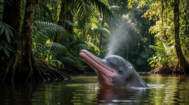 Pink Amazon river dolphin surfaces from dark water in tropical jungle. Rare boto mammal breathes air near rich rainforest green plants. Exotic aquatic animal emerges from river in Brazil wilderness.