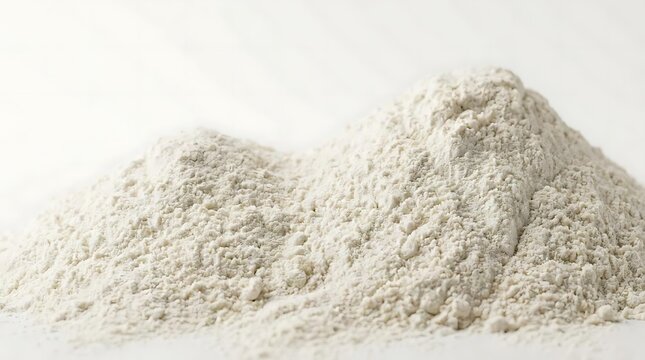 A heap of all purpose flour poured on a white surface representing a fundamental baking ingredient for cooking, pastry preparation, and home kitchen use
