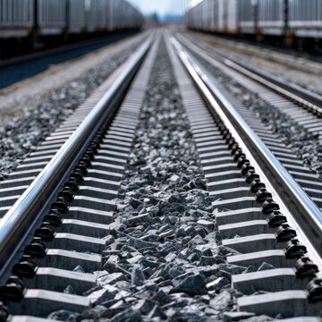 Detailed view of parallel railway tracks with gravel ballast extending into blurred distance between parked freight train cars on both sides