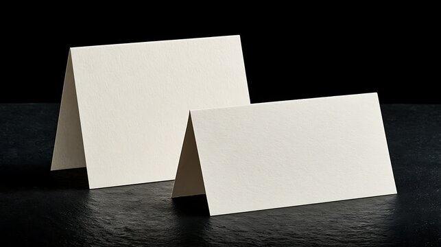 Two blank folded white paper cards standing on a dark textured surface. Ideal for professional event seating or menu place card mockups.
