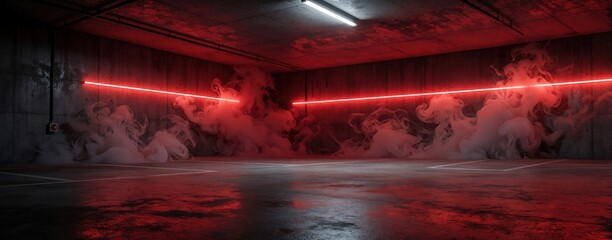 Fototapeta premium Dark concrete garage interior features red neon lights and swirling smoke effects. Empty indoor space with floor markings offers copy space for text or design elements.