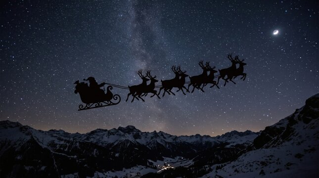 Santa Claus silhouette in sleigh pulled by reindeer across starry night sky over snowy mountains