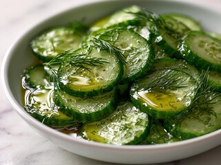 Obraz premium Fresh cucumber salad slices marinated olive oil dill herb seasoning delicious snack bowl