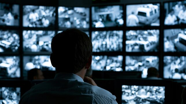 Man monitoring surveillance screens in control room observing security footage with multiple monitors displaying various feeds