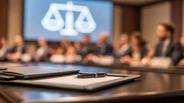 Fountain pen resting on notepad document conference table courtroom scales justice background