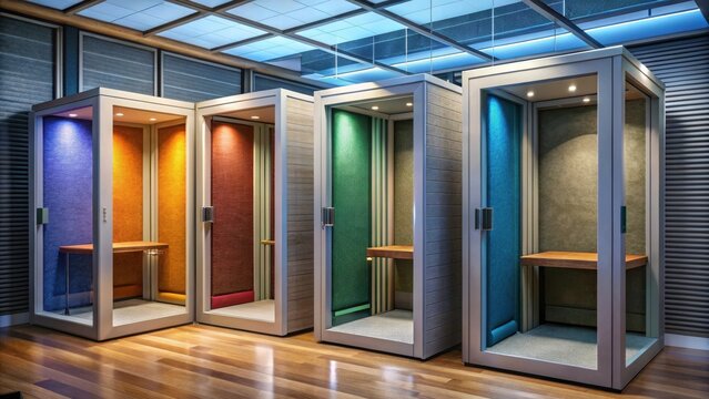Modern soundproof booths in various colors
