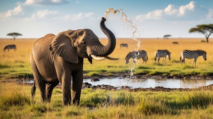 Naklejka premium Large African elephant sprays water from trunk in sunny savanna. Wild elephant cools down near small pond. Zebras graze on grass in background. Majestic mammal enjoys nature in African safari