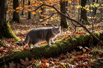 Naklejka premium Tabby cat walks on mossy log in forest with fall foliage. Cute pet explores autumn woods. Sunlight filters through colorful leaves creating dappled light on the ground.