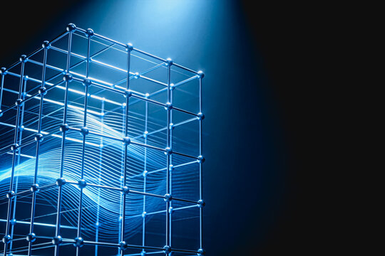 A 3D wireframe grid structure with luminous flowing lines, representing digital data and network concepts.