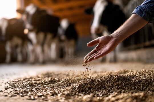 Farmer sprinkling fresh livestock feed pellets on barn floor with cows in the background for daily animal nutrition and care
