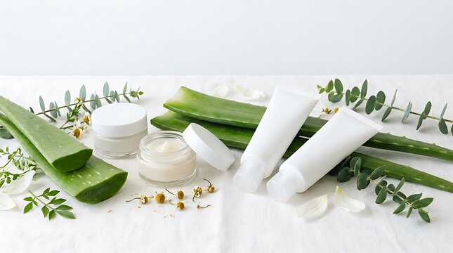 Natural aloe vera skincare cream and lotion bottles with green leaves and herbs. skincare primer kit