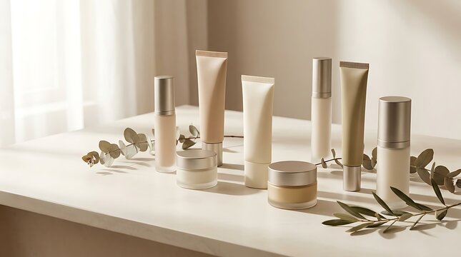 Set of cosmetic skincare products with green leaves on a bright table. skincare primer kit