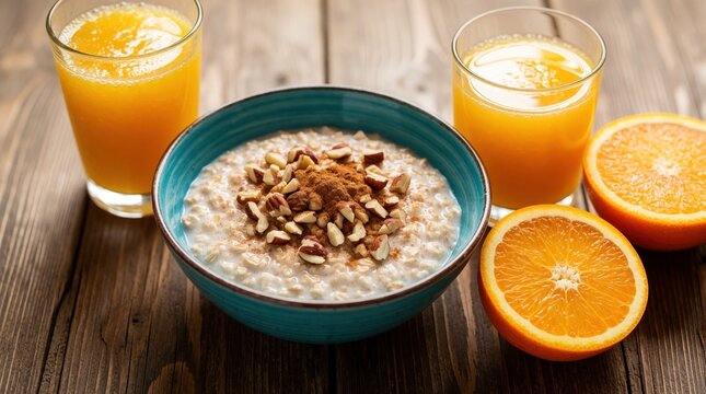 Bowl of oatmeal with nuts and cinnamon sits beside orange juice and fresh orange halves on a rustic wooden table. This healthy breakfast provides energy and vitamins for a good start.