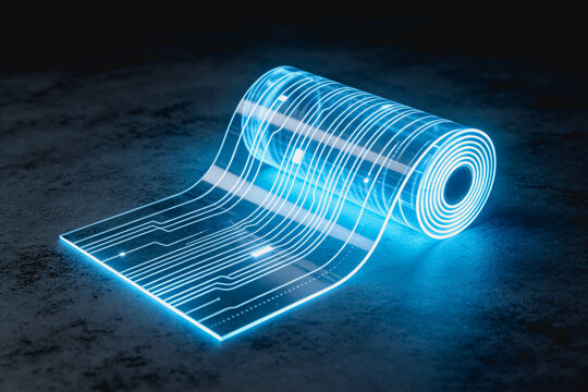 A rollable, transparent flexible electronic film with glowing circuit traces, representing advanced flexible electronics technology.
