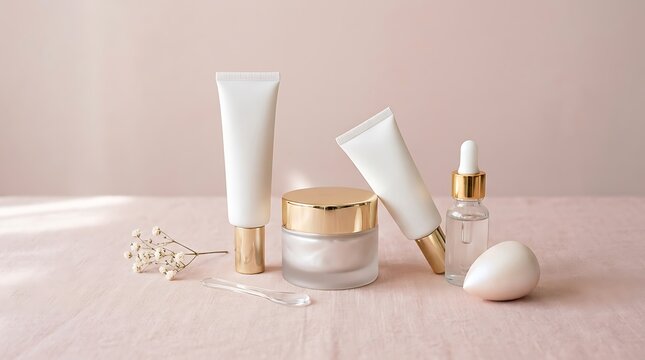 Set of cosmetic skincare products with cream tubes and serum bottle on a soft pink surface. skincare primer kit