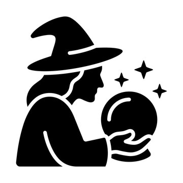 woman in witch hat holding a crystal ball glyph icon