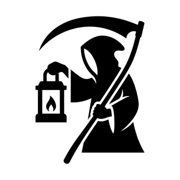 grim reaper with lantern and scythe glyph icon