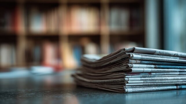 A stack of folded daily newspapers rests on a desk against a blurred library background. This conveys themes of journalism, information, and traditional media.