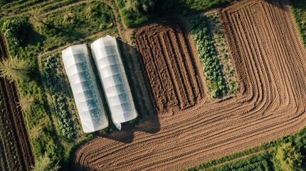 Obraz premium Aerial view of two white polytunnel greenhouses on a farm. Freshly plowed brown earth surrounds the structures with green crops growing nearby. Agricultural pattern forms on the land.