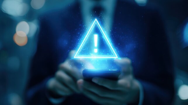 A businessman touches a glowing holographic alert warning triangle on his smartphone. This signifies digital cybersecurity risks and urgent system notification concepts.
